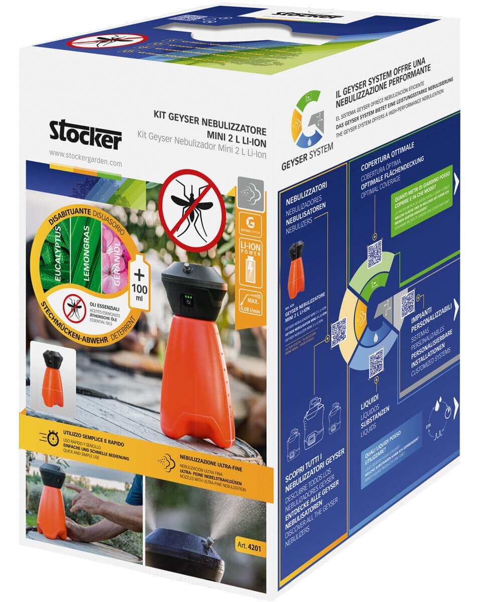 STOCKER KIT GEYSER NEBULIZZATORE MINI 2L 2,5 BAR A BATTERIA + 100ml ANTI ZANZARE1
