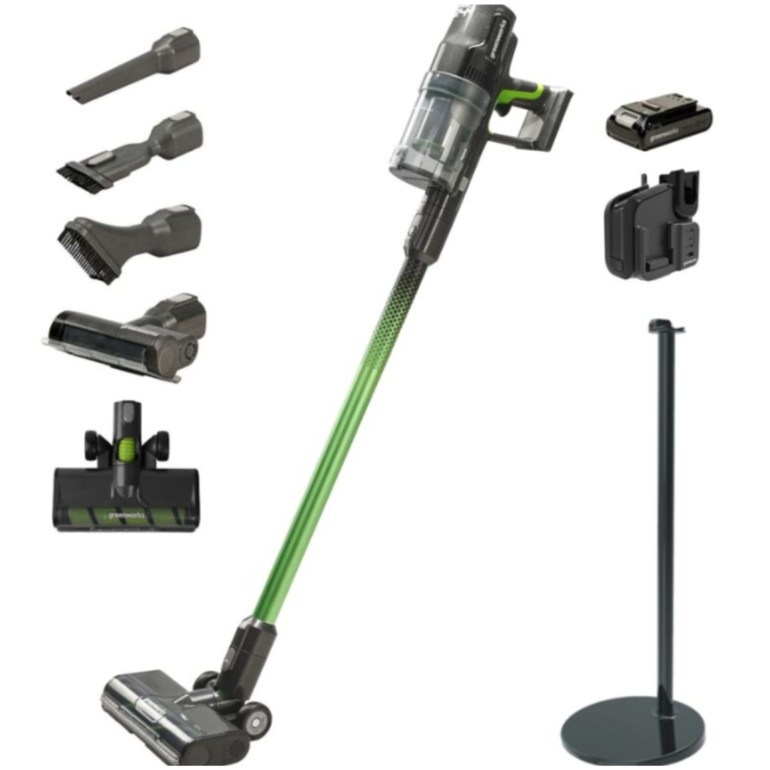 GREENWORKS SCOPA ASPIRAPOLVERE A BATTERIA 24V SENZA FILI + PIANTANA +6 ACCESSORI0