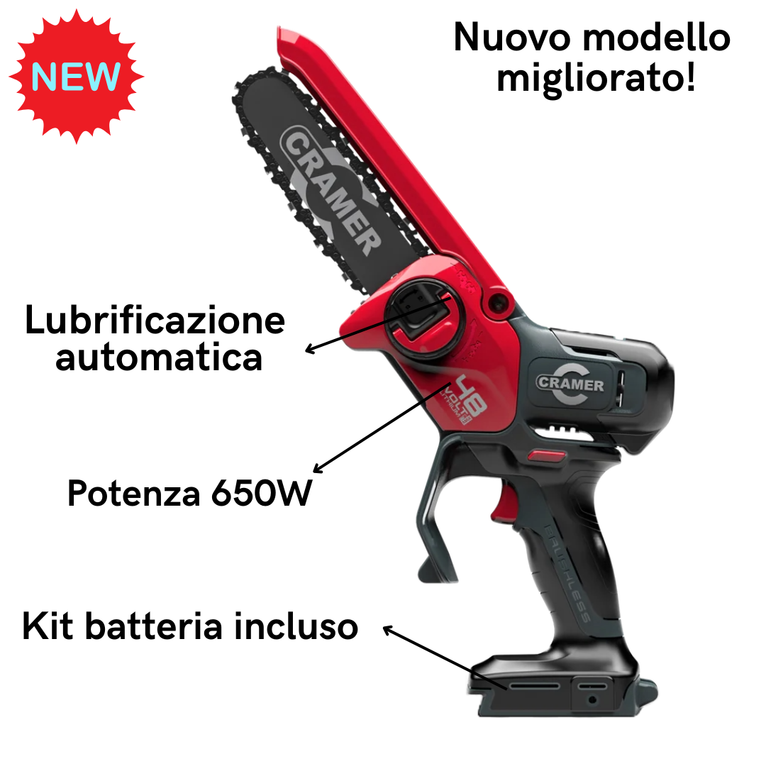 CRAMER 48V MINI MOTOSEGA POTATORE 48MCSXK2 LUBRIFICAZ AUTOMATICA+ KIT BATTERIA1