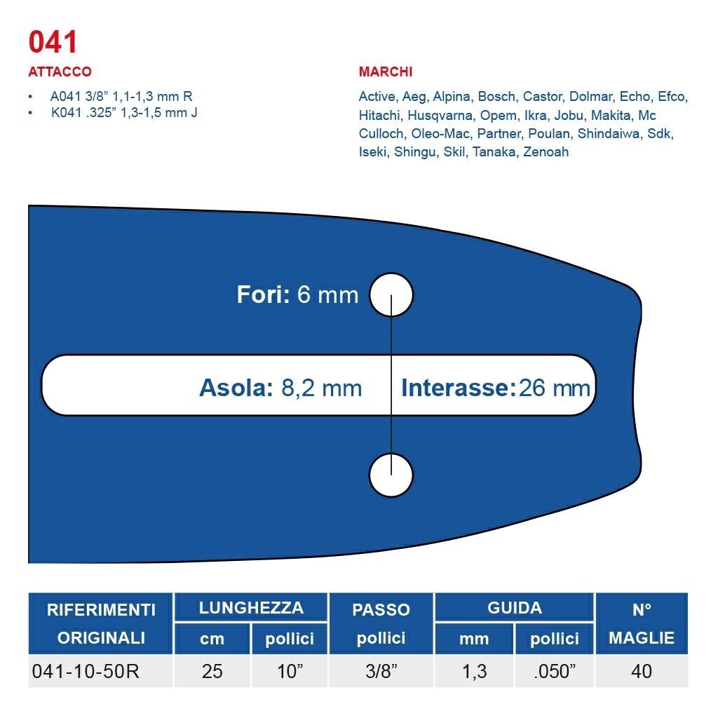 LAMA BARRA25cm  MOTOSEGA 3/8" SPES. 1,3mm MAGLIE 40 ECHO HITACHI HUSQVARNA STIGA3