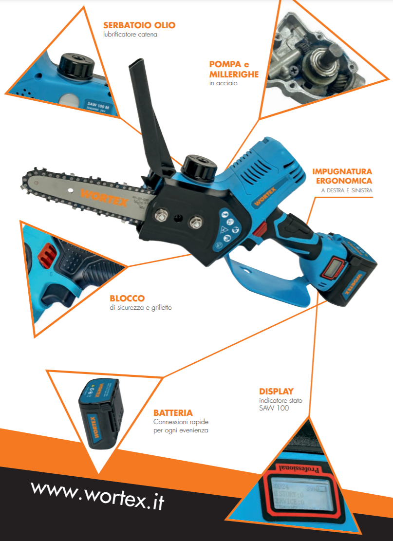 ELETTROSEGA/POTATORE A BATTERIA WORTEX SAW 100-M + 2 BATTERIE 2.5Ah e CARICATORE5