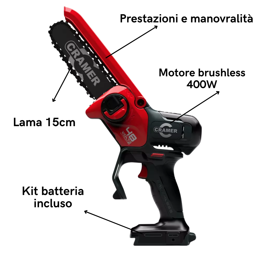 CRAMER GREENWORKS 48V MINI MOTOSEGA 48MCS POTATORE PROFESSIONALE + KIT BATTERIA1