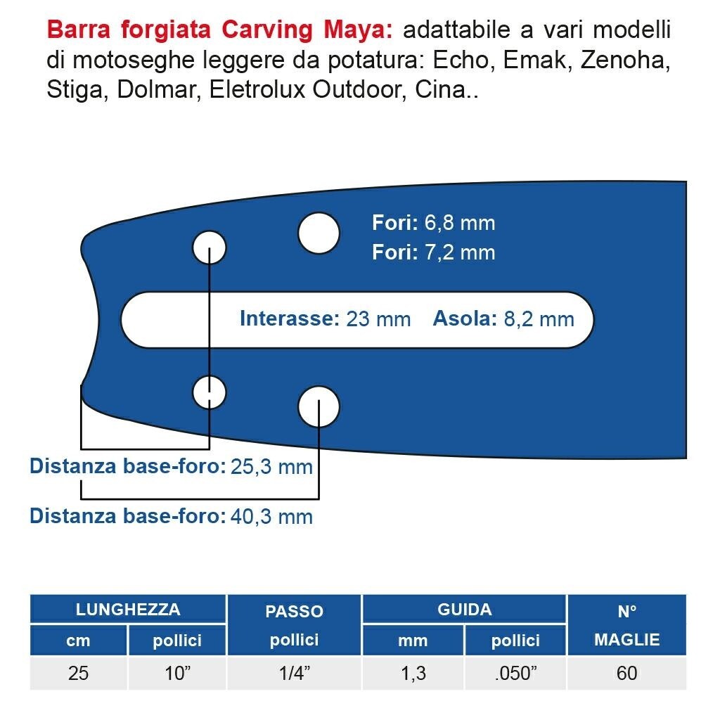 BARRA/LAMA CARVING MOTOSEGA 25cm-10" MAYA  PASSO 1/4" SPES. 1.3mm  MAGLIE 603
