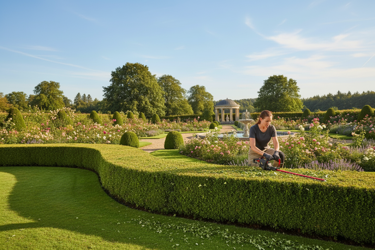 Donna con tagliasiepi in giardino formale